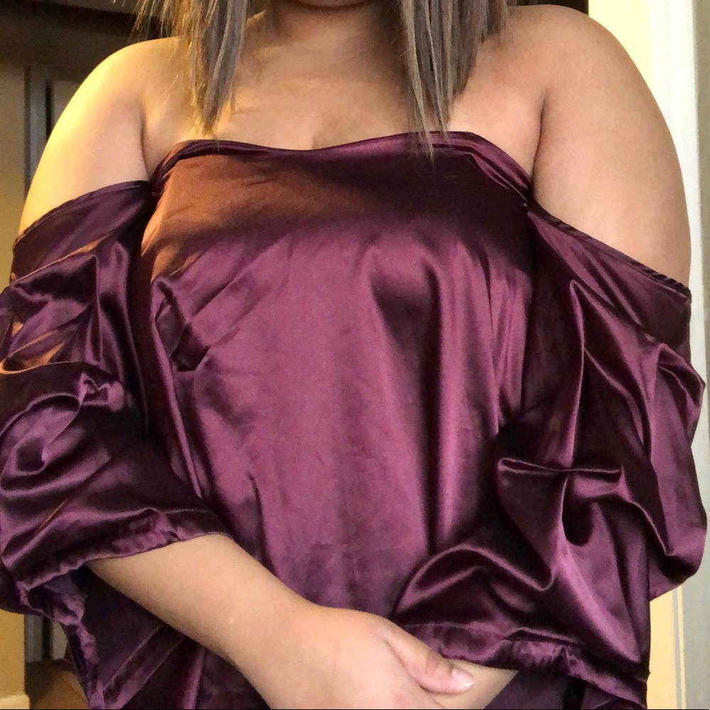 Satin Gathered Sleeve Off the Shoulder Top